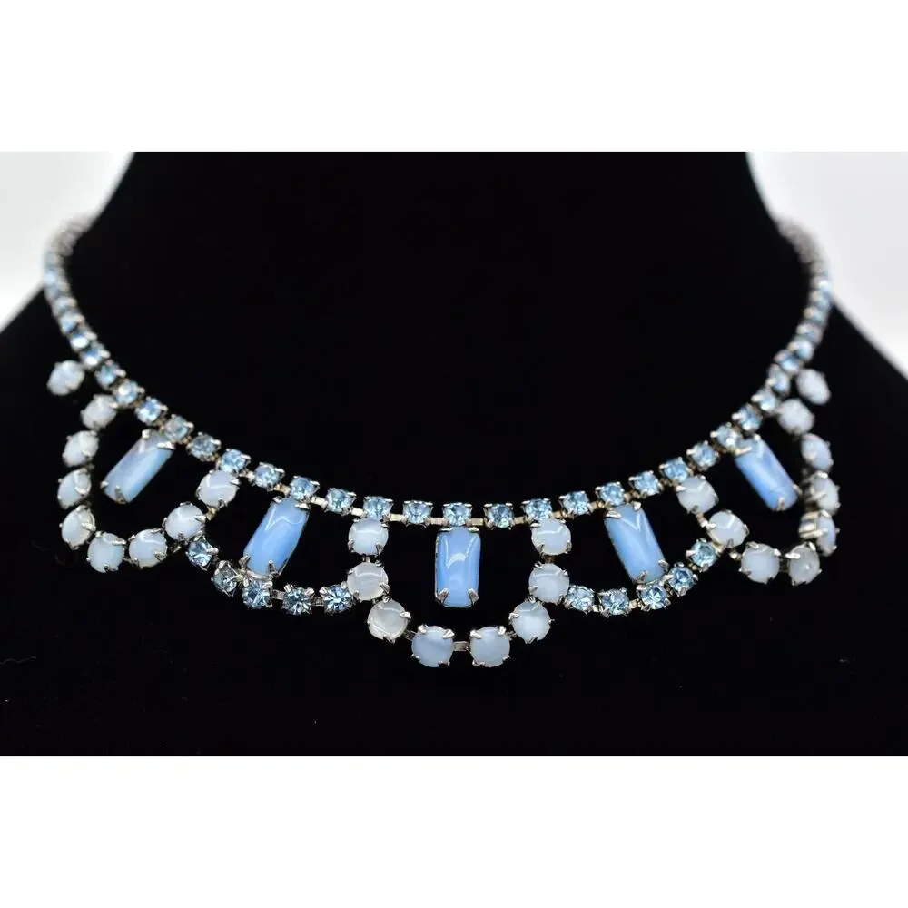 Vintage Crystal Collar Necklace Cabochon Blue Prong Rhinestone Silver 60s Bin3D